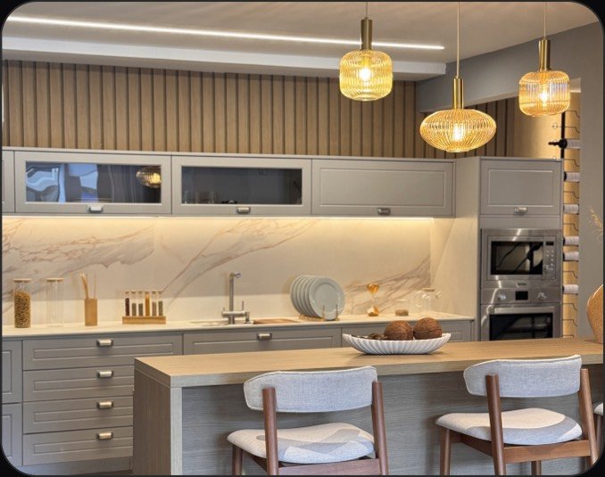 Cozinha planejada Criare com marcenaria de alto padrão e iluminação integrada